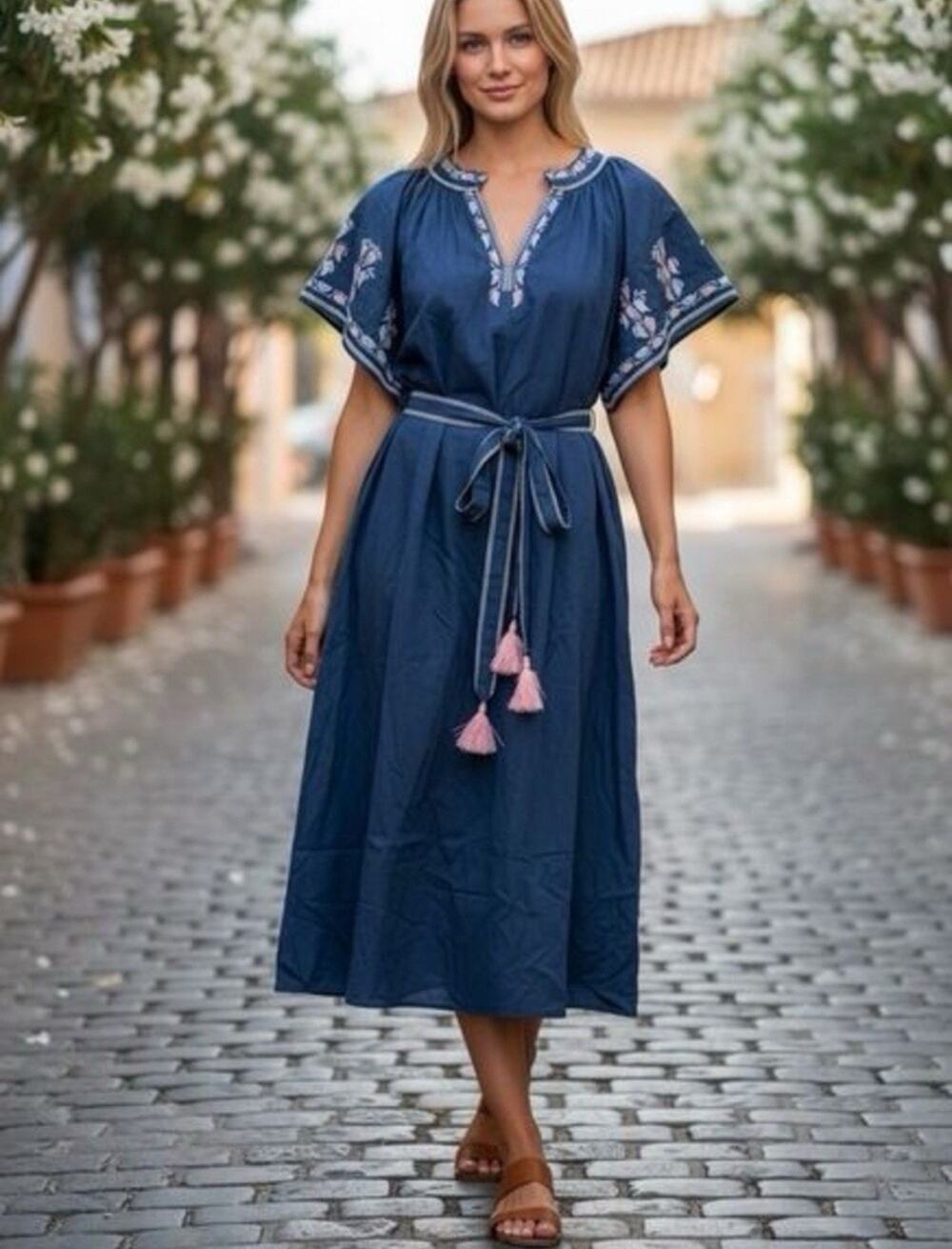 Ex Voto Bri Women’s Embroidered Midi Dress XS/S Tassel Maxi Stargazer Blue NWT
